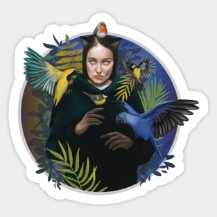 Cat Girl with tropical birds in twilight garden Sticker